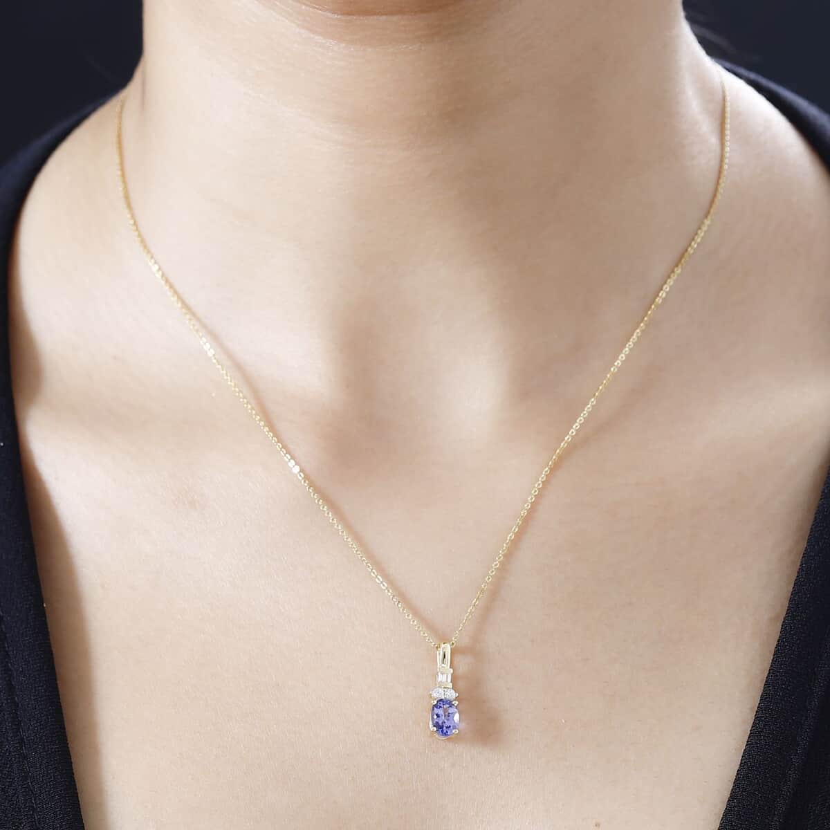 Tanzanite and White Zircon Pendant Necklace 20 Inches in Vermeil Yellow Gold Over Sterling Silver 1.20 ctw image number 2