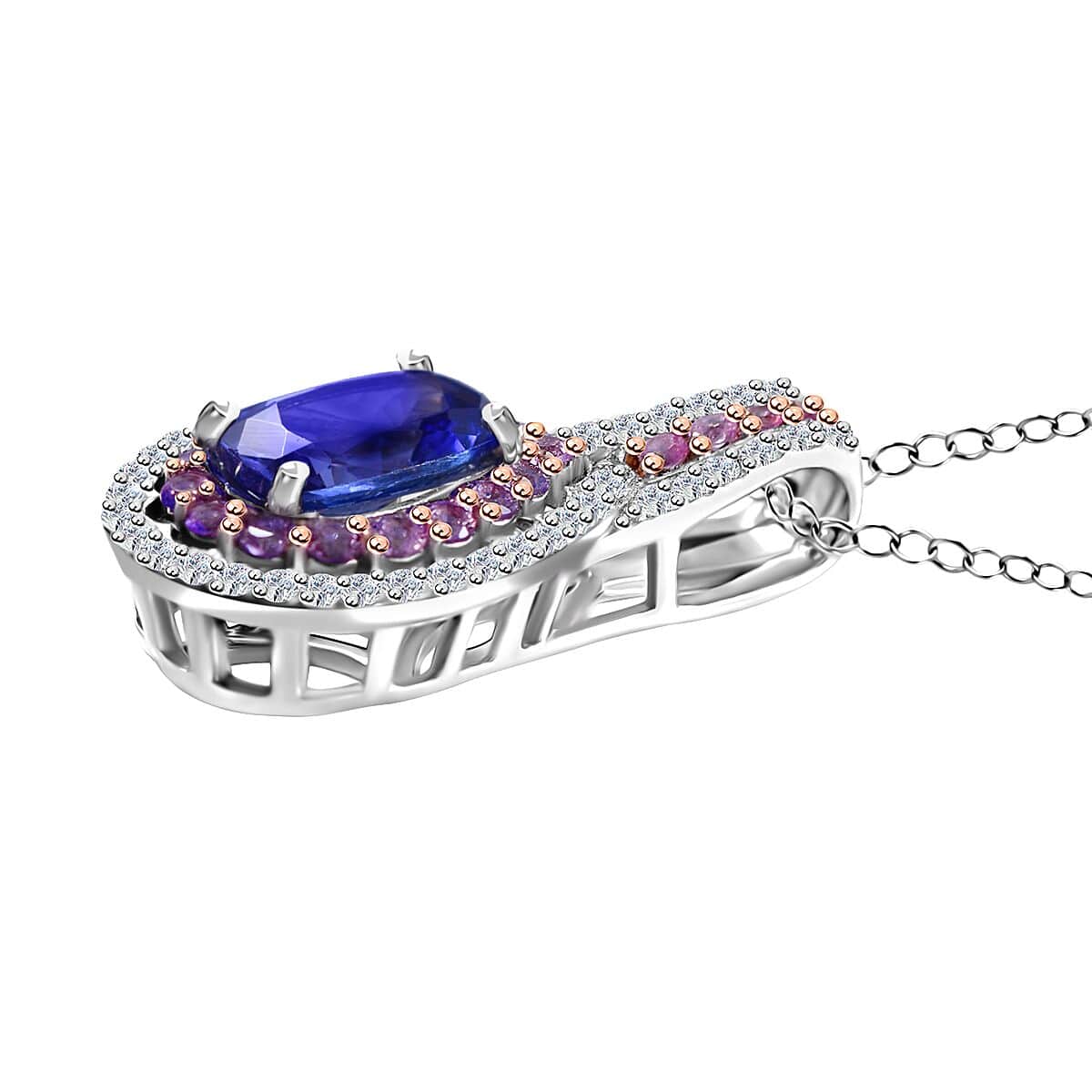 Tanzanite and Multi Gemstone Cocktail Pendant Necklace 18 Inches in Platinum Over Sterling Silver 2.50 ctw image number 2