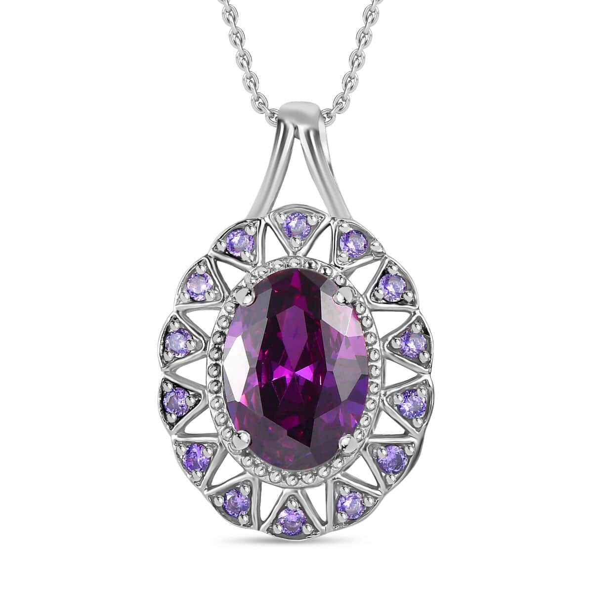 Simulated Amethyst and Simulated Purple Diamond Floral Pendant Necklace 20 Inches in Stainless Steel 9.90 ctw image number 0
