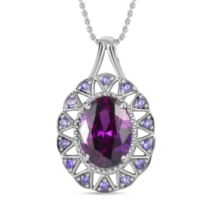 Simulated Amethyst and Simulated Purple Diamond Floral Pendant Necklace 20 Inches in Stainless Steel 9.90 ctw