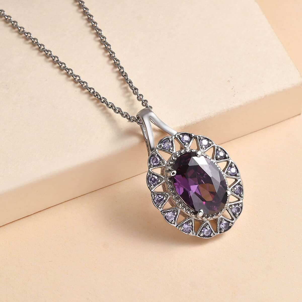Simulated Amethyst and Simulated Purple Diamond Floral Pendant Necklace 20 Inches in Stainless Steel 9.90 ctw image number 1