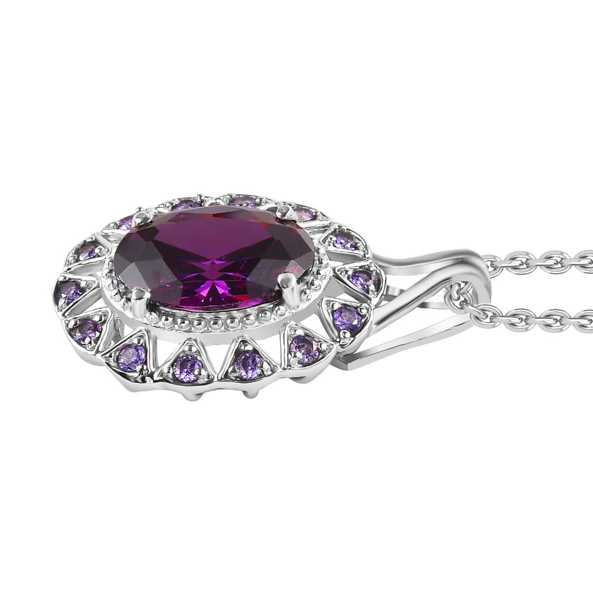 Simulated Amethyst and Simulated Purple Diamond Floral Pendant Necklace 20 Inches in Stainless Steel 9.90 ctw image number 3