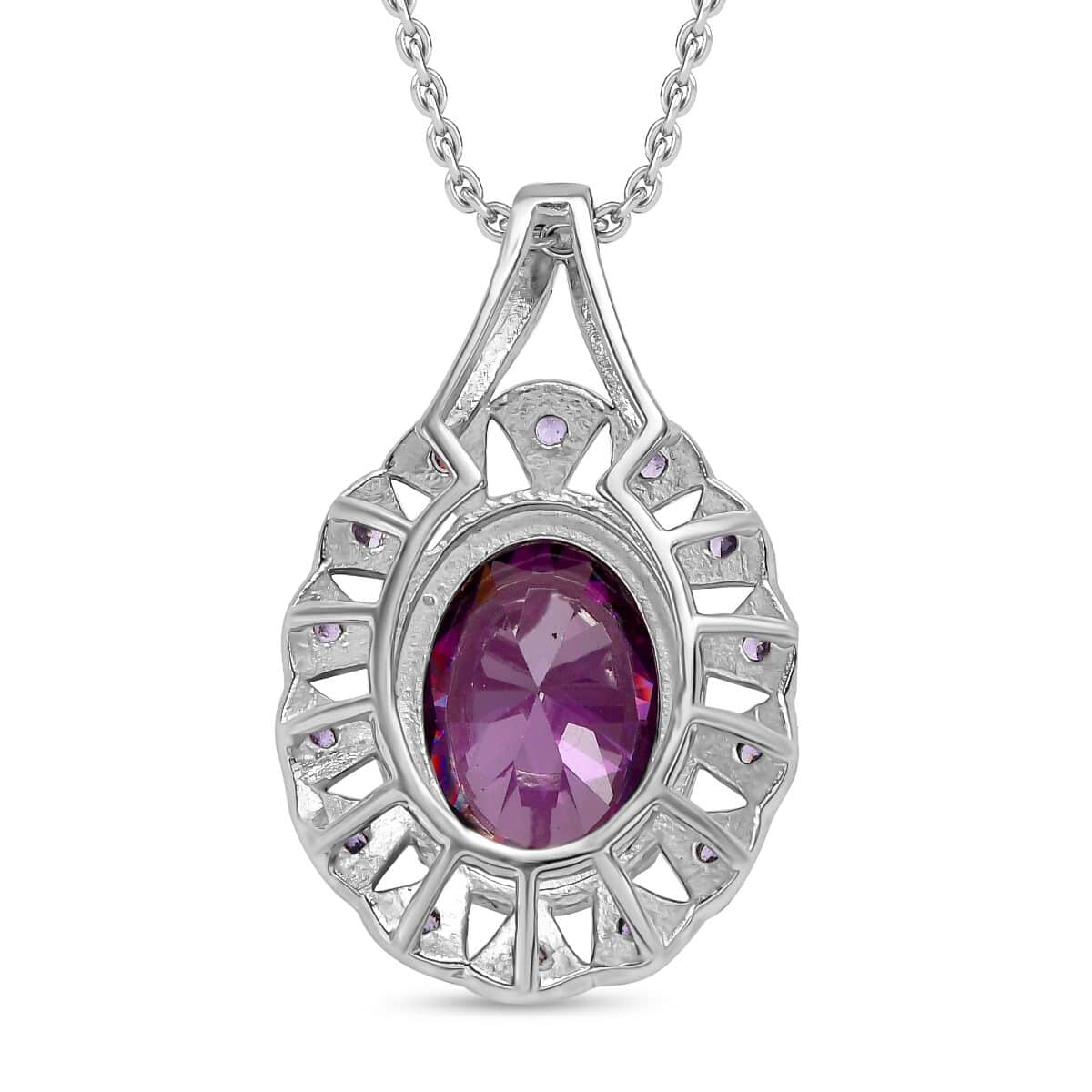 Simulated Amethyst and Simulated Purple Diamond Floral Pendant Necklace 20 Inches in Stainless Steel 9.90 ctw image number 4