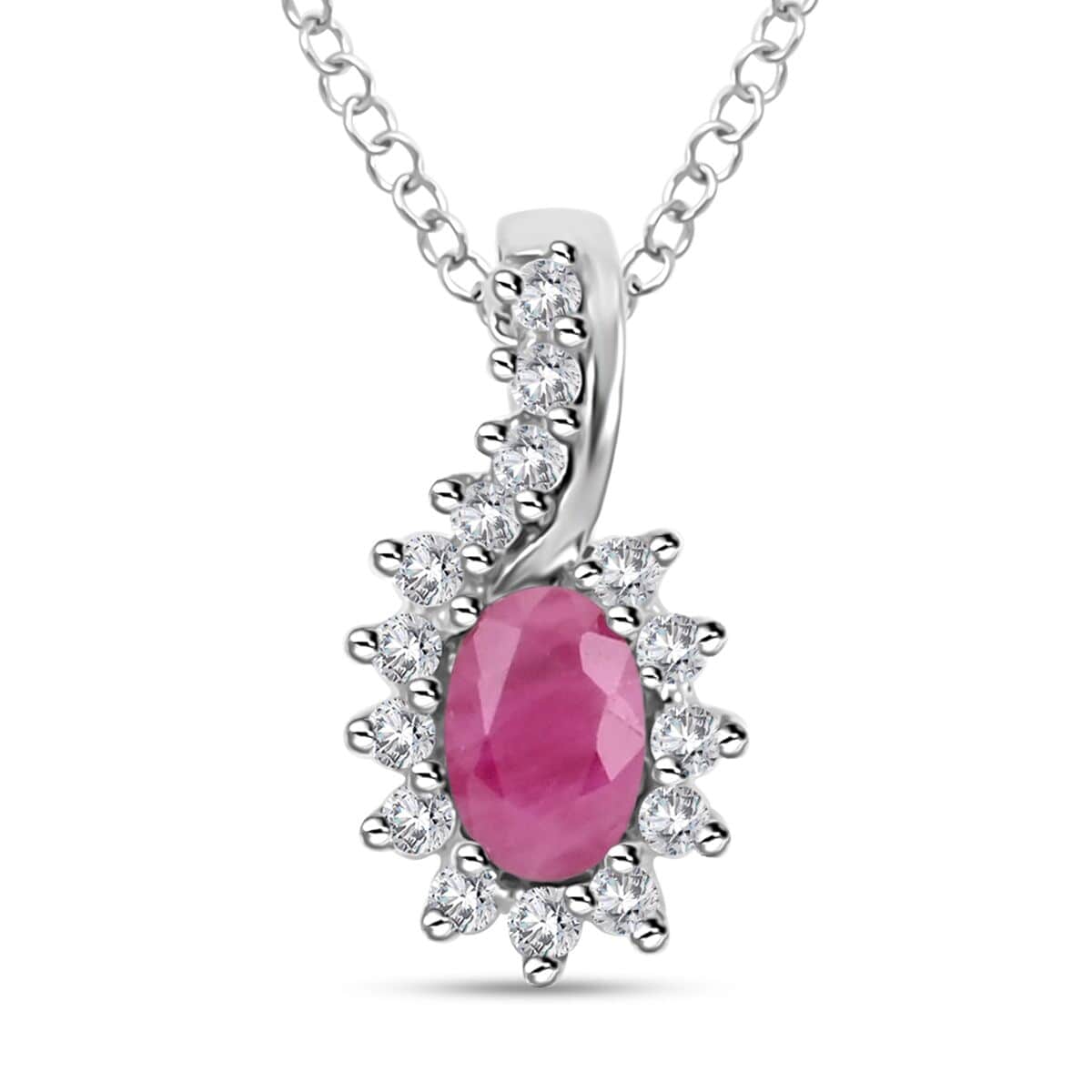 Premium Mozambique Ruby and White Zircon Sunburst Pendant Necklace 18 Inches in Platinum Over Sterling Silver 1.00 ctw image number 0