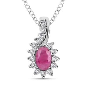 Premium Mozambique Ruby and White Zircon Sunburst Pendant Necklace 18 Inches in Platinum Over Sterling Silver 1.00 ctw