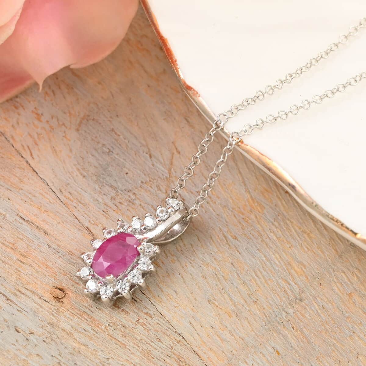 Premium Mozambique Ruby and White Zircon Sunburst Pendant Necklace 18 Inches in Platinum Over Sterling Silver 1.00 ctw image number 1