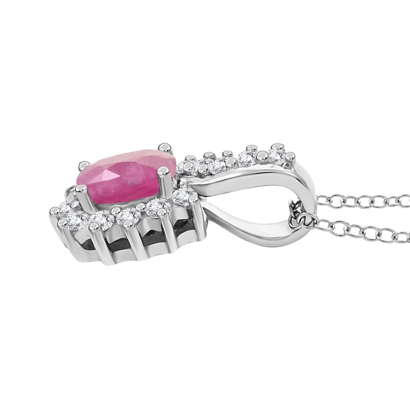Premium Mozambique Ruby and White Zircon Sunburst Pendant Necklace 18 Inches in Platinum Over Sterling Silver 1.00 ctw