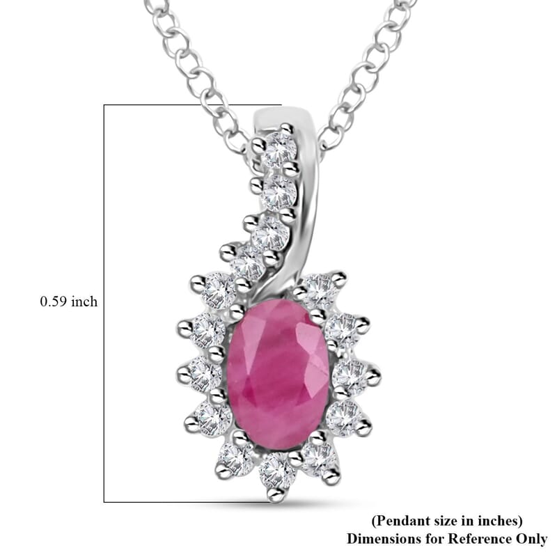 Premium Mozambique Ruby and White Zircon Sunburst Pendant Necklace 18 Inches in Platinum Over Sterling Silver 1.00 ctw