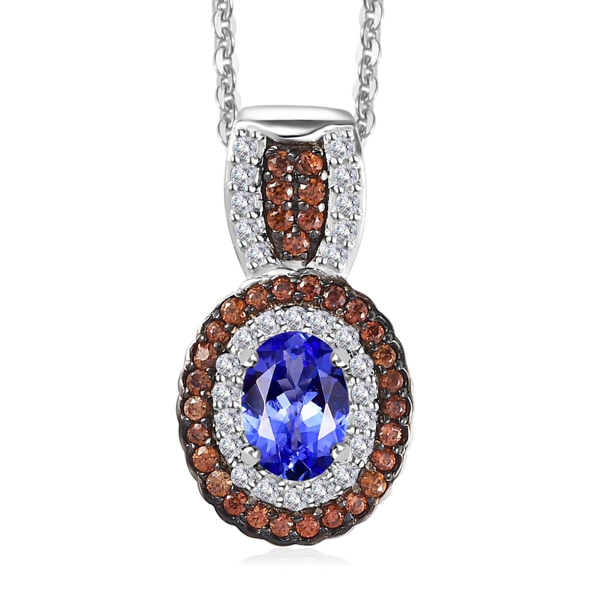 Tanzanite, Brown and White Zircon Double Halo Pendant Necklace 20 Inches in Platinum Over Sterling Silver 1.40 ctw image number 0