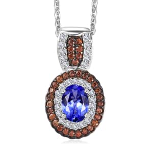 Tanzanite, Brown and White Zircon Double Halo Pendant Necklace 20 Inches in Platinum Over Sterling Silver 1.40 ctw
