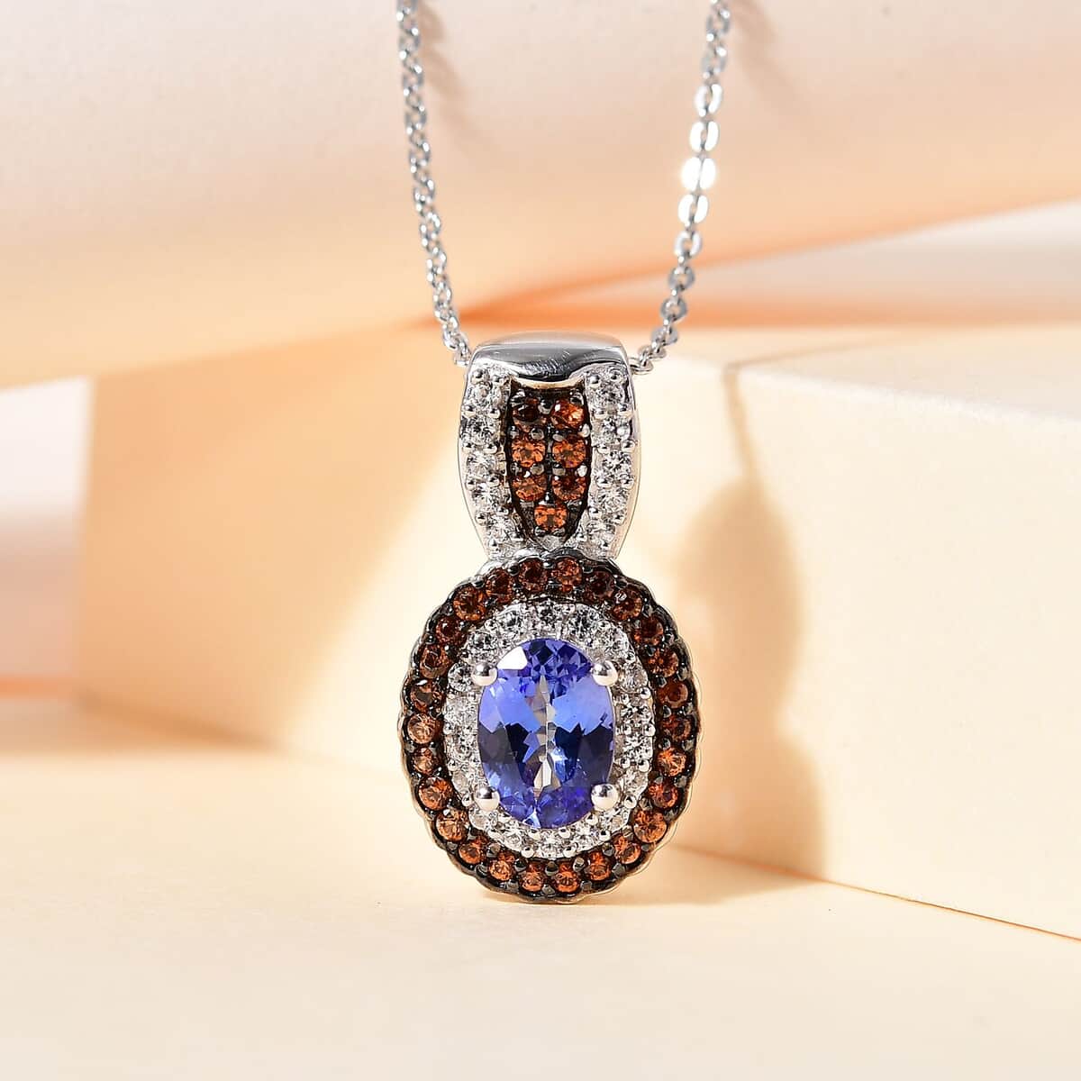 Tanzanite, Brown and White Zircon Double Halo Pendant Necklace 20 Inches in Platinum Over Sterling Silver 1.40 ctw image number 1