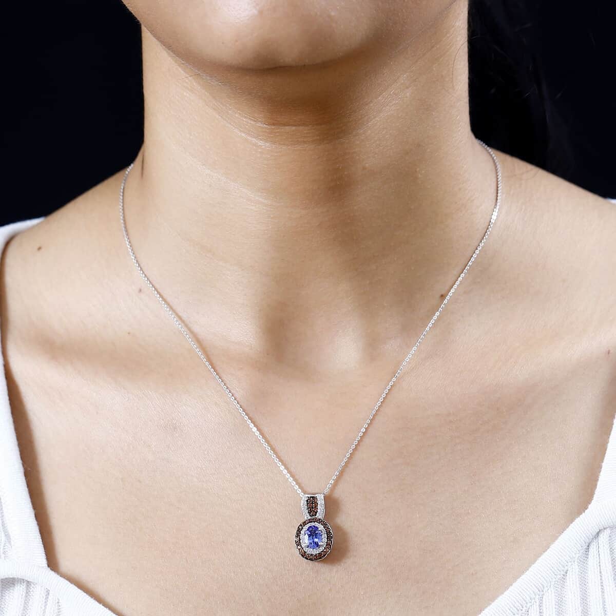 Tanzanite, Brown and White Zircon Double Halo Pendant Necklace 20 Inches in Platinum Over Sterling Silver 1.40 ctw image number 2