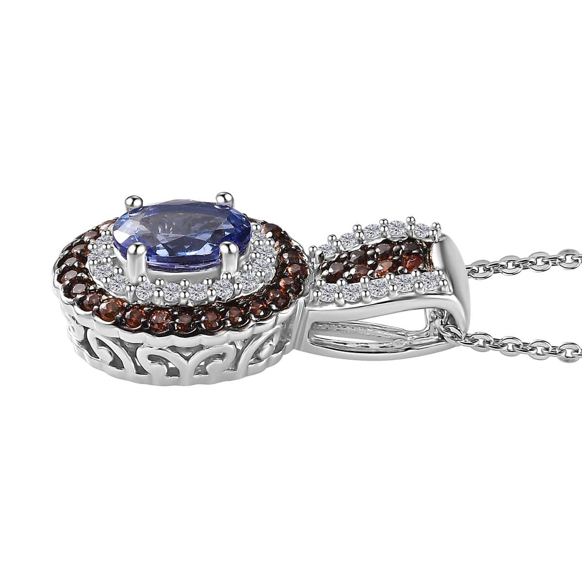 Tanzanite, Brown and White Zircon Double Halo Pendant Necklace 20 Inches in Platinum Over Sterling Silver 1.40 ctw image number 3
