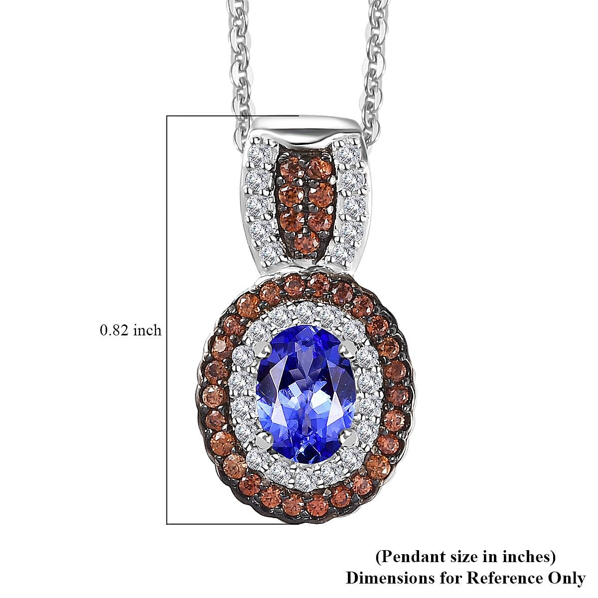Tanzanite, Brown and White Zircon Double Halo Pendant Necklace 20 Inches in Platinum Over Sterling Silver 1.40 ctw