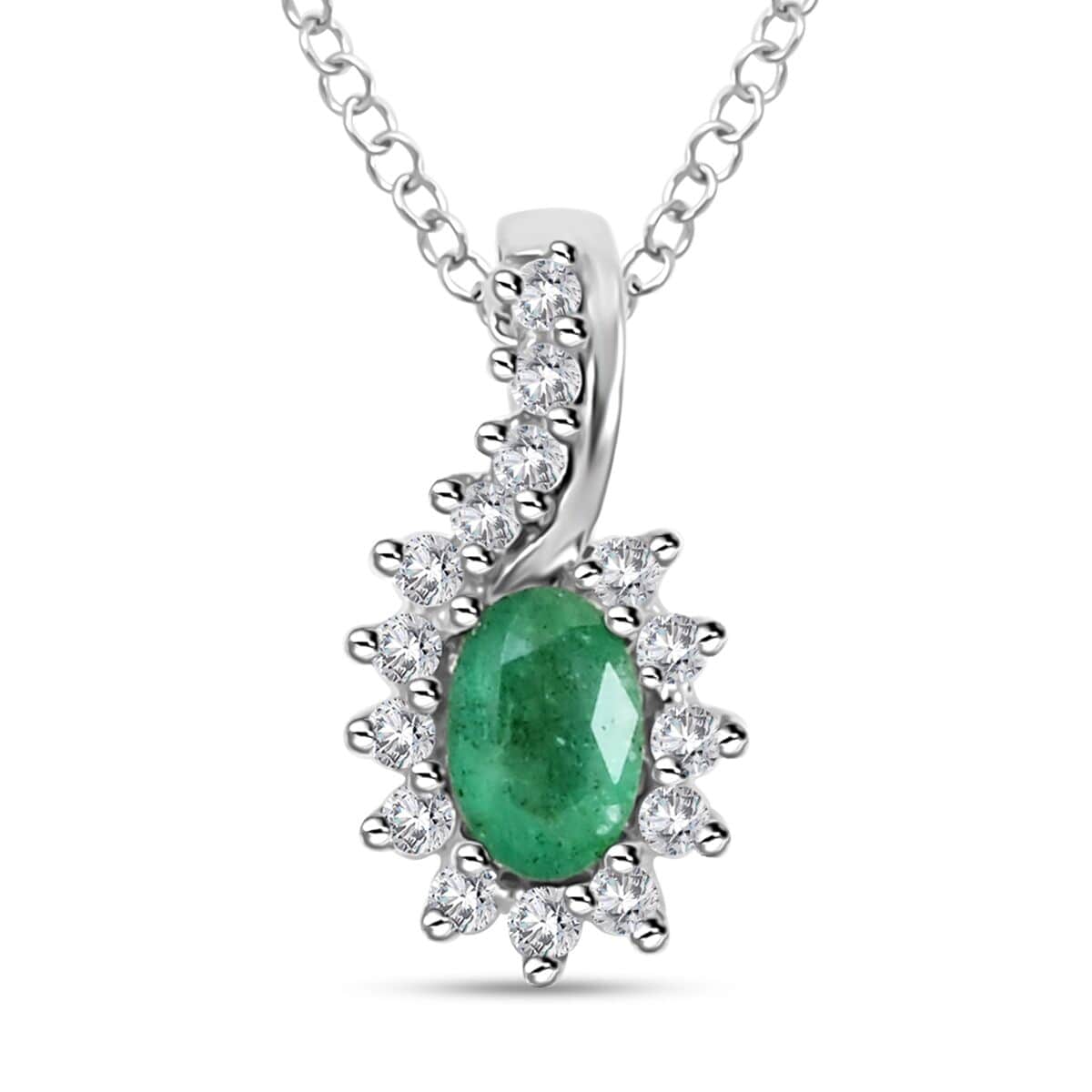 Premium Kagem Zambian Emerald and White Zircon Sunburst Pendant Necklace 18 Inches in Platinum Over Sterling Silver 1.00 ctw image number 0