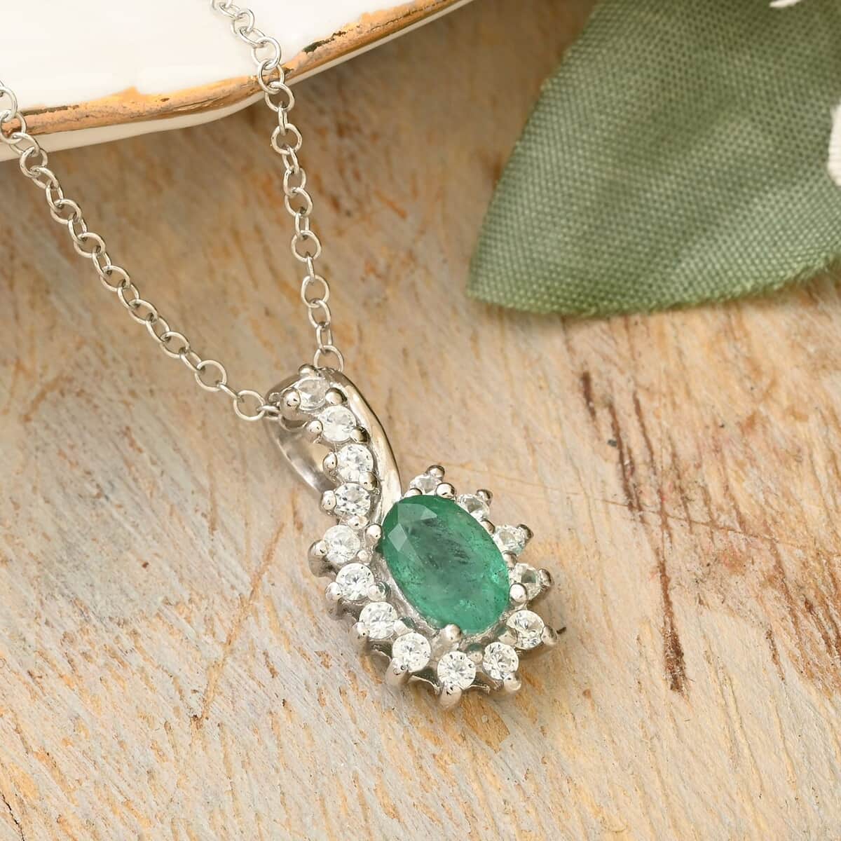 Premium Kagem Zambian Emerald and White Zircon Sunburst Pendant Necklace 18 Inches in Platinum Over Sterling Silver 1.00 ctw image number 1