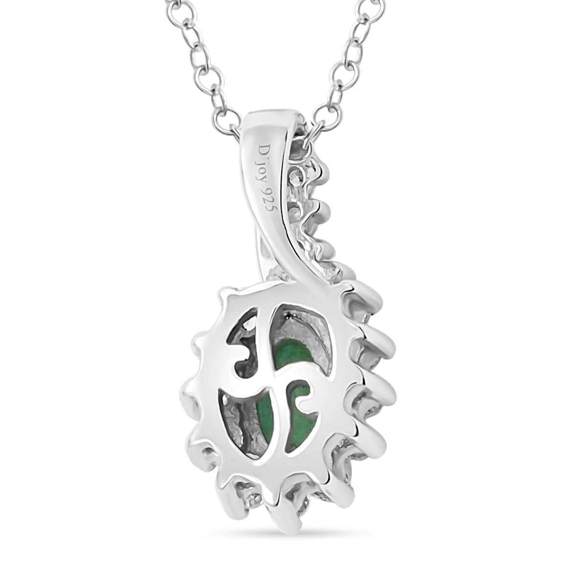 Premium Kagem Zambian Emerald and White Zircon Sunburst Pendant Necklace 18 Inches in Platinum Over Sterling Silver 1.00 ctw image number 4