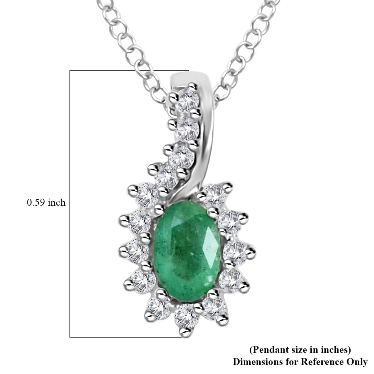 Premium Kagem Zambian Emerald and White Zircon Sunburst Pendant Necklace 18 Inches in Platinum Over Sterling Silver 1.00 ctw image number 6