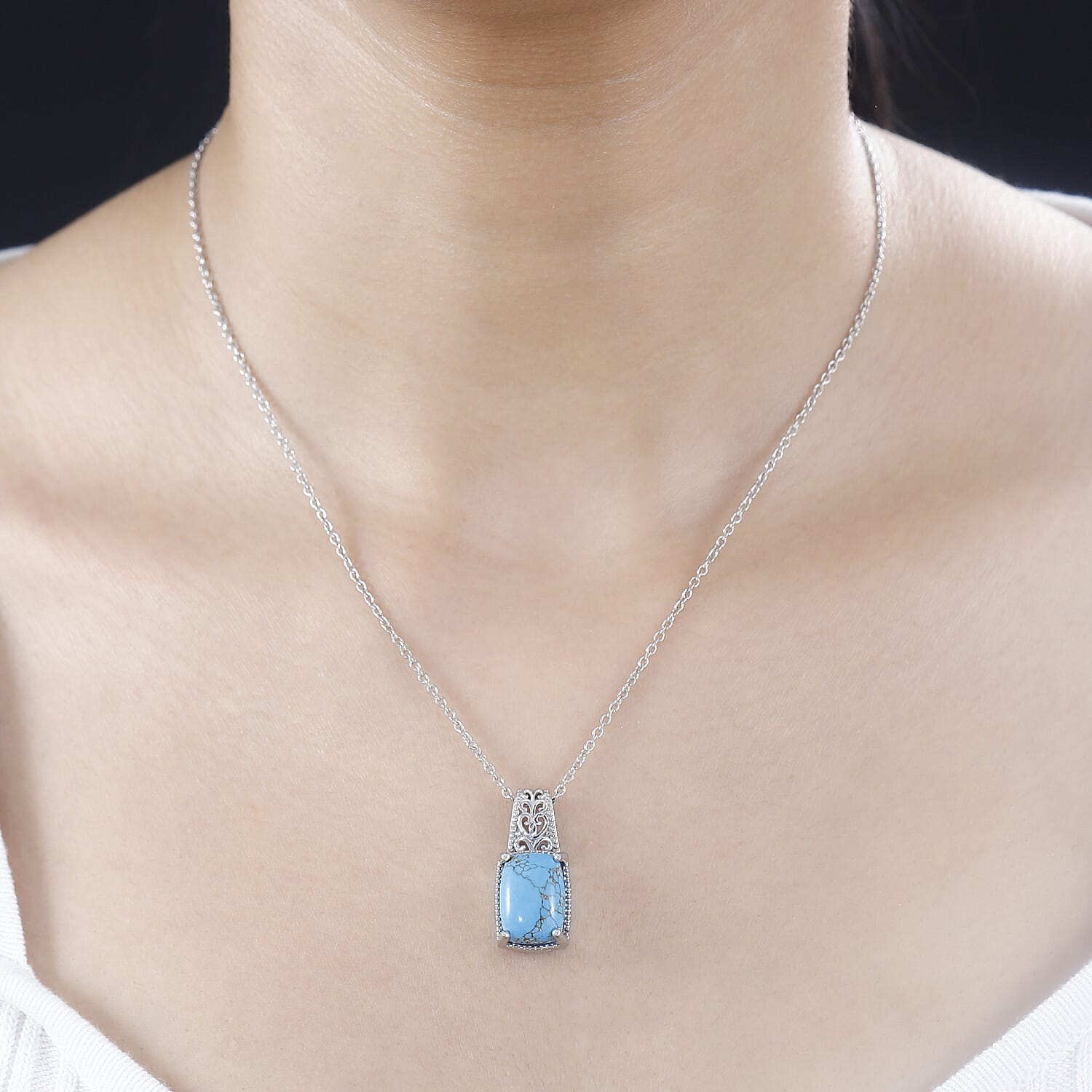 Mojave Blue Turquoise Pendant in Platinum Over Copper with Magnet and Stainless Steel Necklace 20 Inches 6.50 ctw