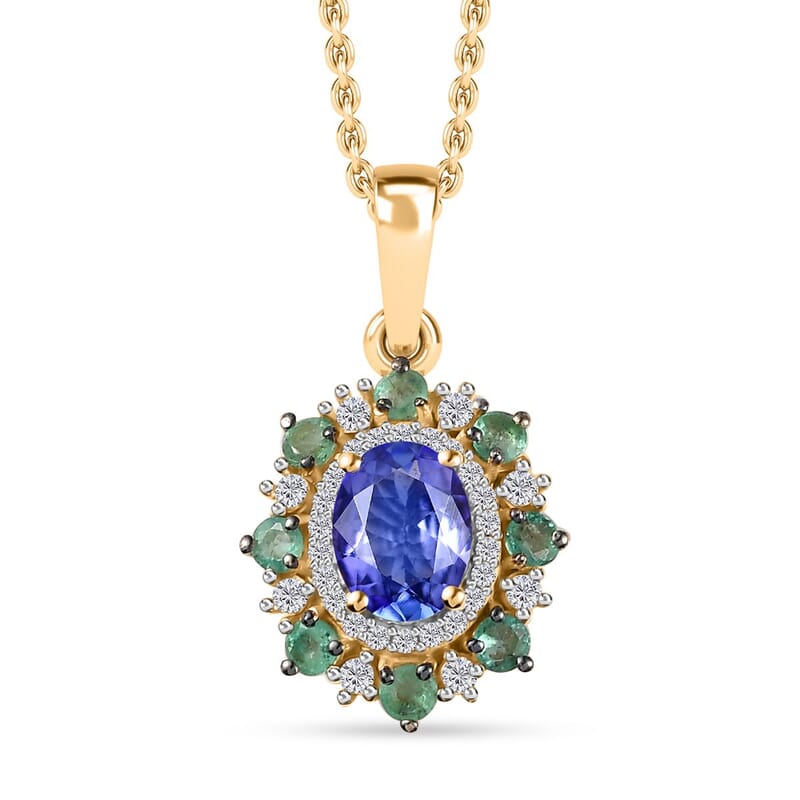 Tanzanite and Multi Gemstone Daisy Floral Pendant Necklace 20 Inches in Vermeil Yellow Gold Over Sterling Silver 2.00 ctw