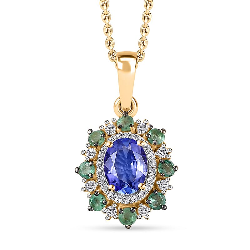 Tanzanite and Multi Gemstone Daisy Floral Pendant Necklace 20 Inches in Vermeil Yellow Gold Over Sterling Silver 2.00 ctw