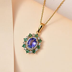 Tanzanite and Multi Gemstone Daisy Floral Pendant Necklace 20 Inches in Vermeil Yellow Gold Over Sterling Silver 2.00 ctw