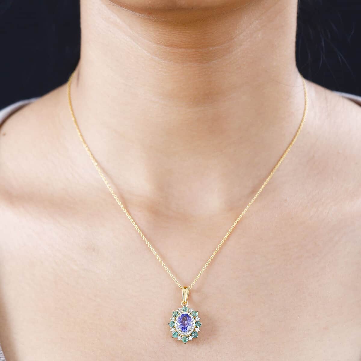 Tanzanite and Multi Gemstone Daisy Floral Pendant Necklace 20 Inches in Vermeil Yellow Gold Over Sterling Silver 2.00 ctw image number 2