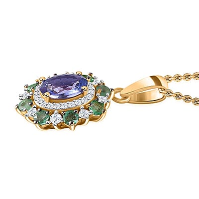 Tanzanite and Multi Gemstone Daisy Floral Pendant Necklace 20 Inches in Vermeil Yellow Gold Over Sterling Silver 2.00 ctw