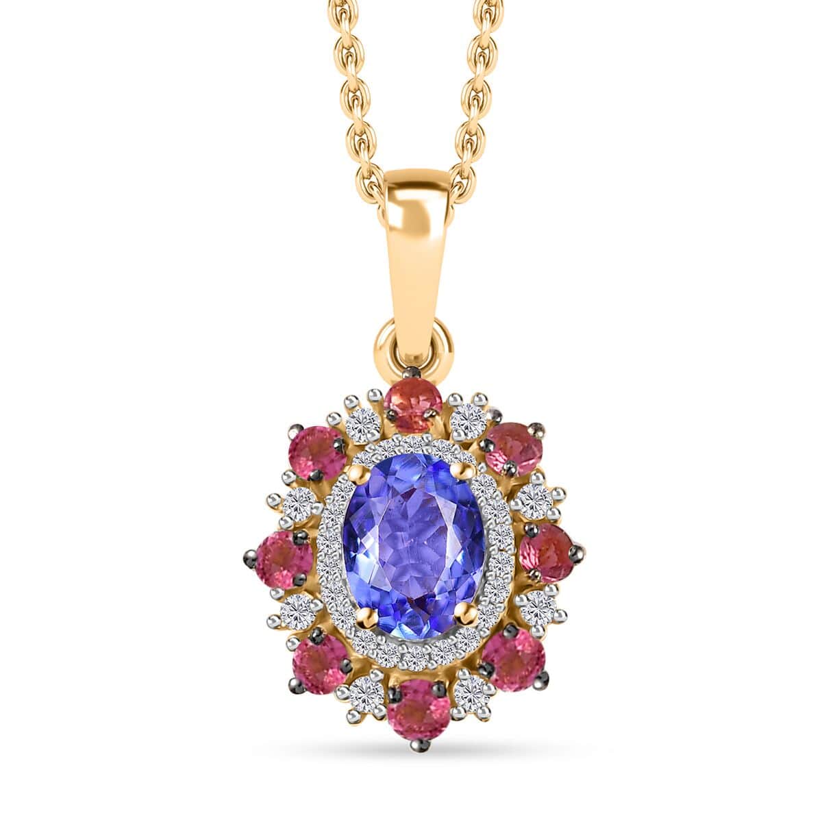 Tanzanite and Multi Gemstone Daisy Floral Pendant Necklace 20 Inches in Vermeil Yellow Gold Over Sterling Silver 2.10 ctw image number 0