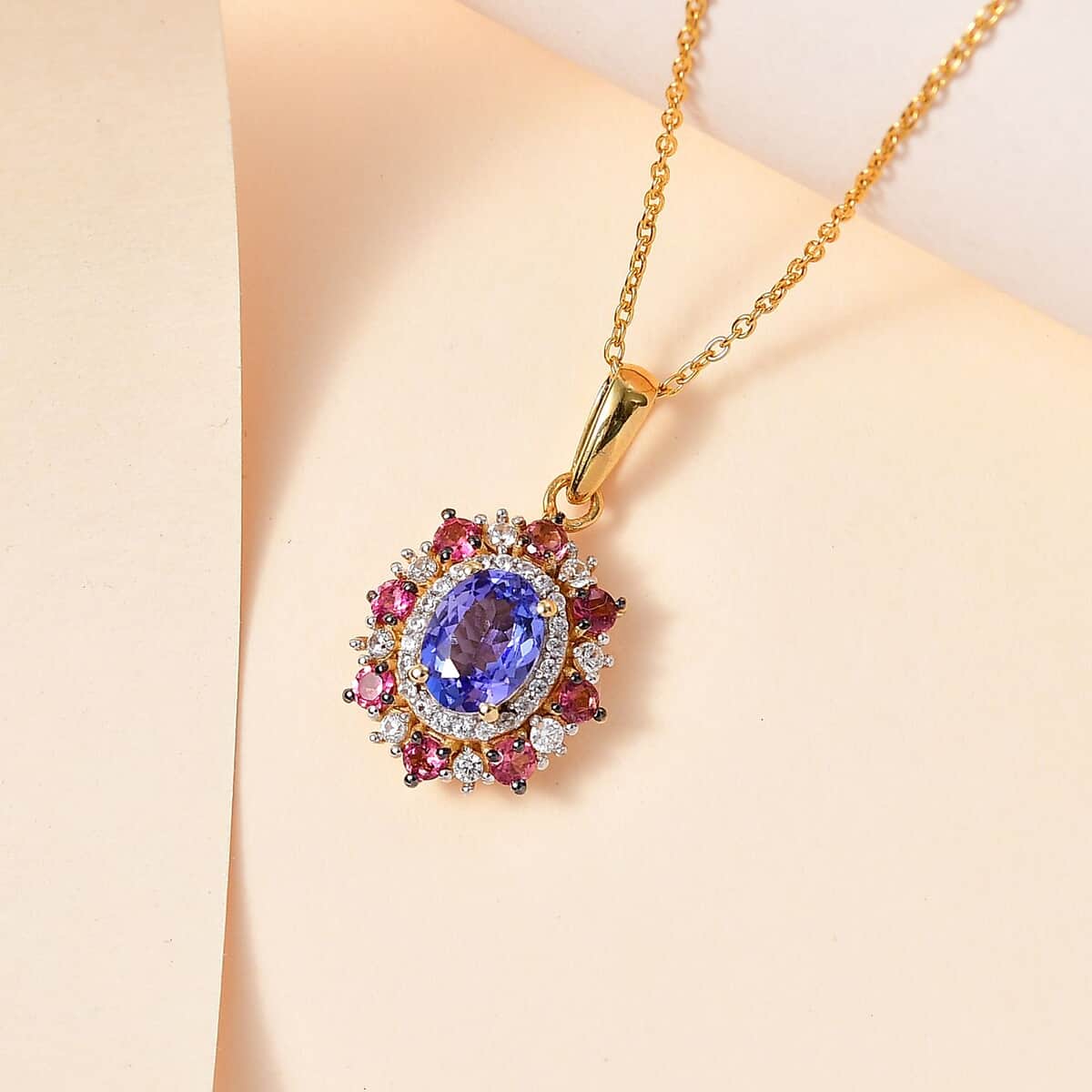 Tanzanite and Multi Gemstone Daisy Floral Pendant Necklace 20 Inches in Vermeil Yellow Gold Over Sterling Silver 2.10 ctw image number 1