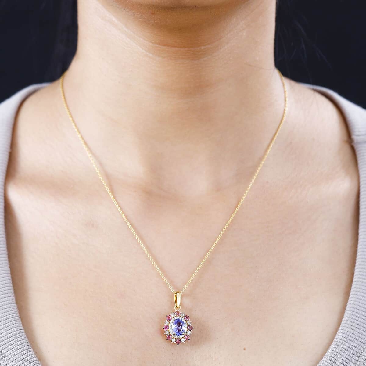 Tanzanite and Multi Gemstone Daisy Floral Pendant Necklace 20 Inches in Vermeil Yellow Gold Over Sterling Silver 2.10 ctw image number 2