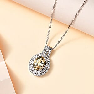 Brazilian Sunfire Beryl and Moissanite Cocktail Pendant Necklace 20 Inches in Platinum Over Sterling Silver 2.60 ctw