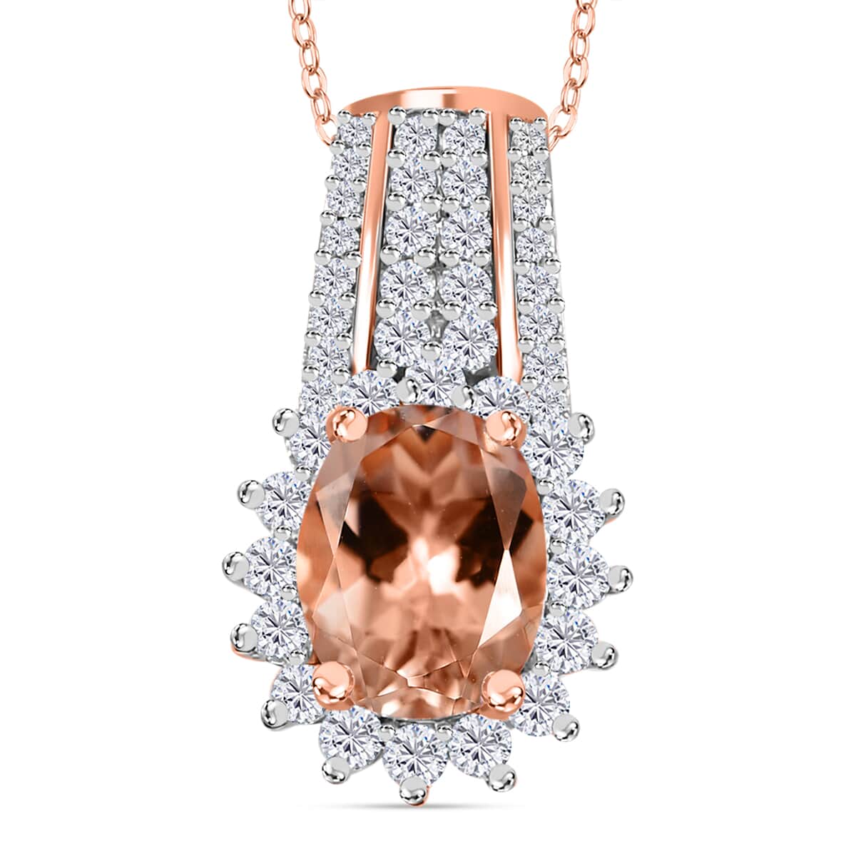 Premium Marropino Morganite and Moissanite 2.35 ctw Sunburst Pendant Necklace in Vermeil Rose Gold Over Sterling Silver 20 Inches image number 0