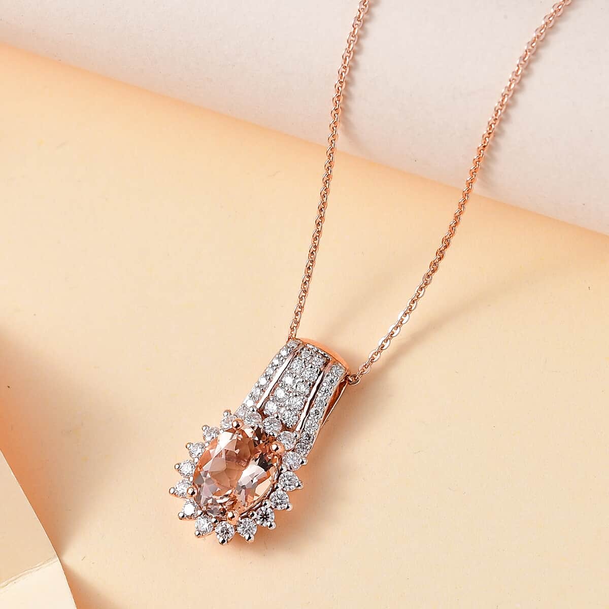 Premium Marropino Morganite and Moissanite 2.35 ctw Sunburst Pendant Necklace in Vermeil Rose Gold Over Sterling Silver 20 Inches image number 1