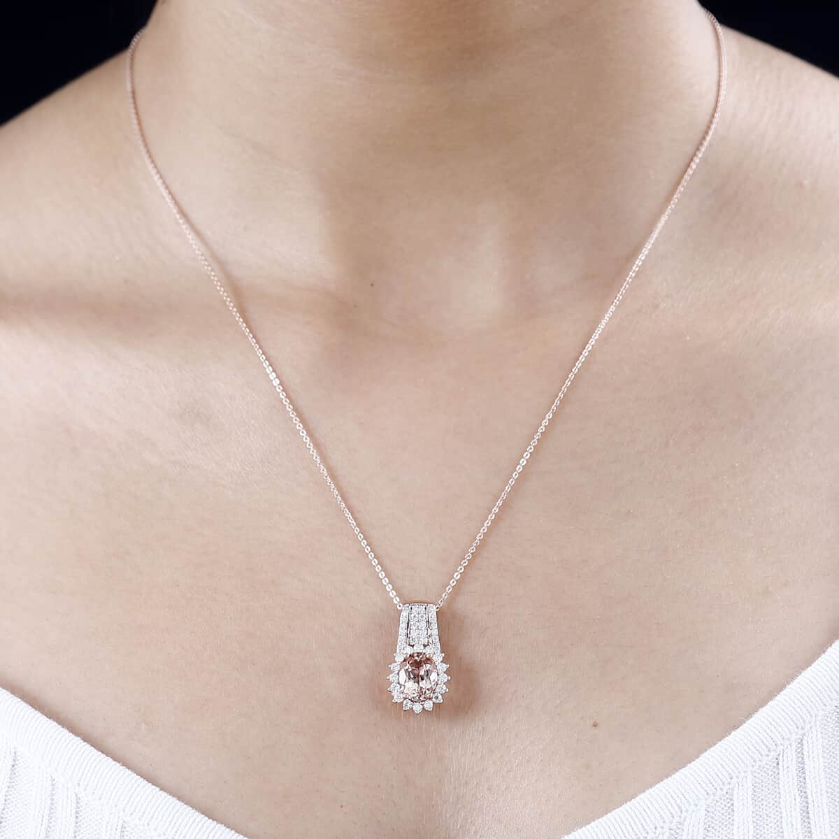 Premium Marropino Morganite and Moissanite 2.35 ctw Sunburst Pendant Necklace in Vermeil Rose Gold Over Sterling Silver 20 Inches image number 2