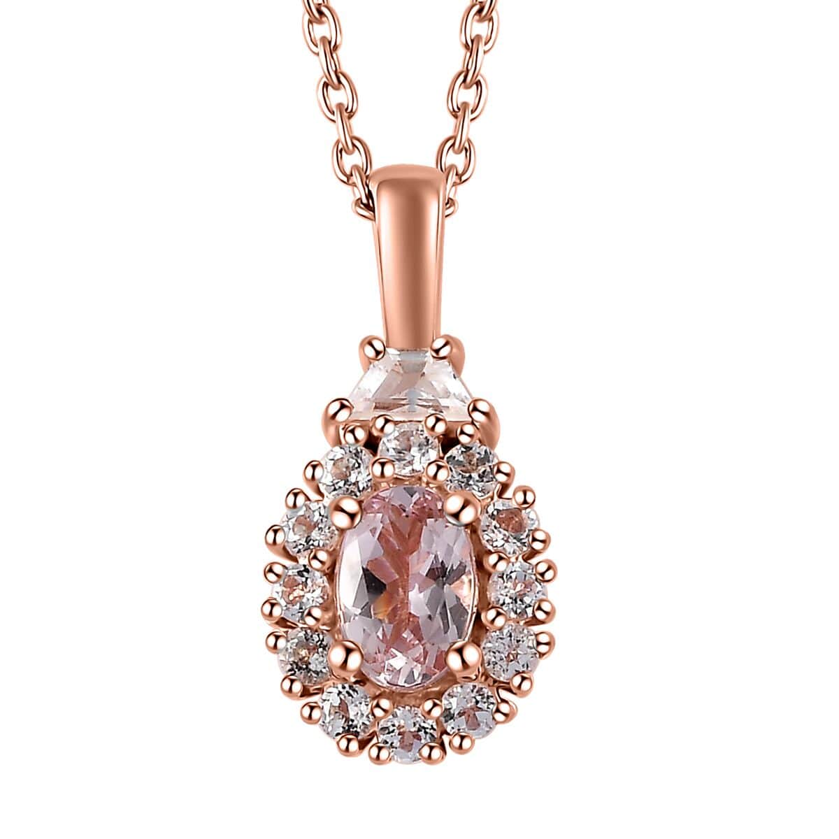 Premium Pink Morganite and White Topaz Halo Pendant Necklace 20 Inches in Vermeil Rose Gold Over Sterling Silver 0.90 ctw image number 0