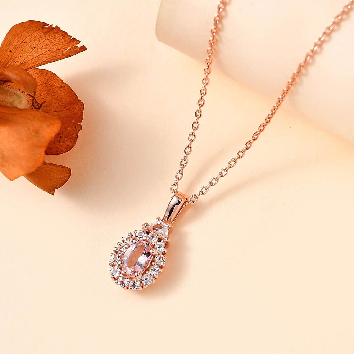 Premium Pink Morganite and White Topaz Halo Pendant Necklace 20 Inches in Vermeil Rose Gold Over Sterling Silver 0.90 ctw image number 1