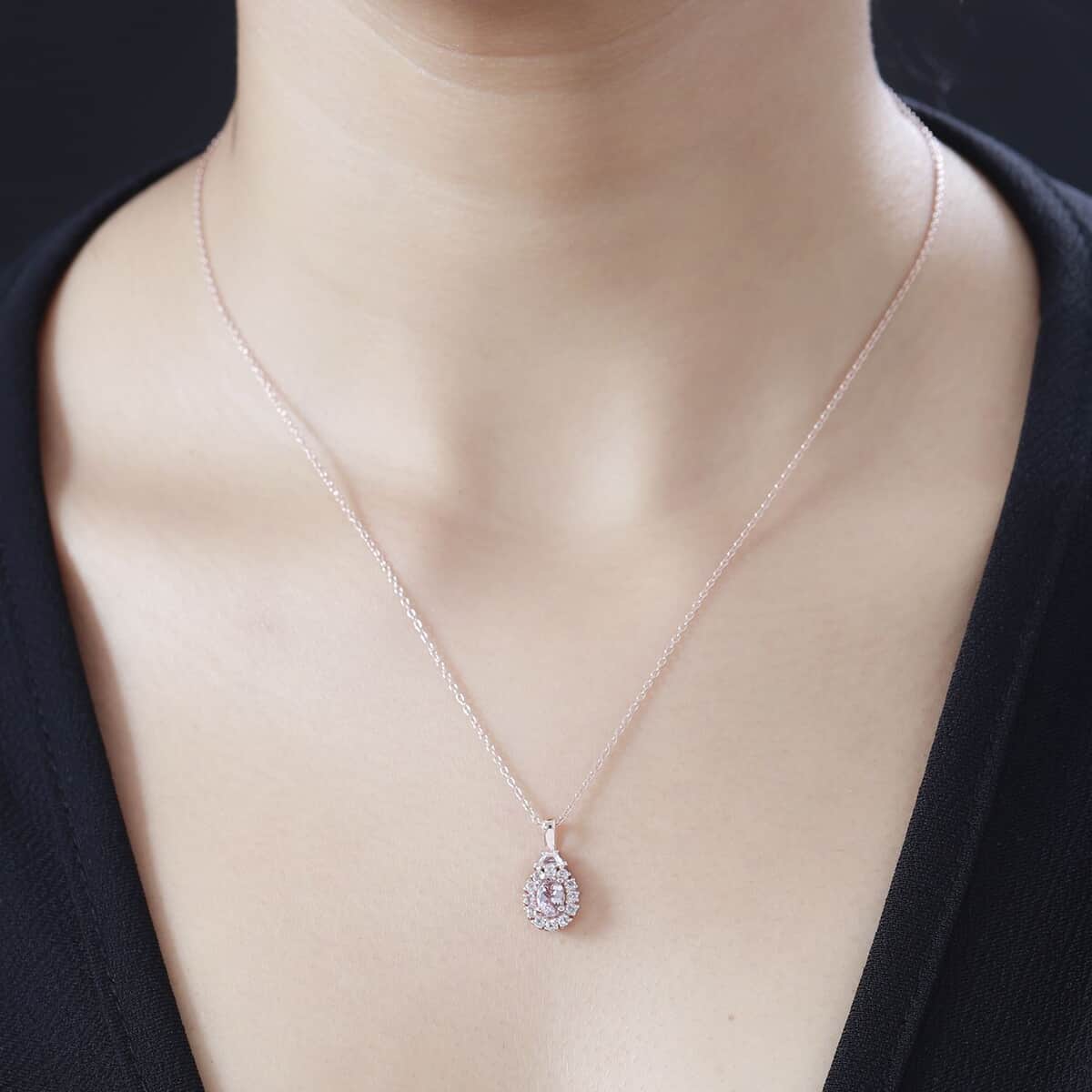 Premium Pink Morganite and White Topaz Halo Pendant Necklace 20 Inches in Vermeil Rose Gold Over Sterling Silver 0.90 ctw image number 2