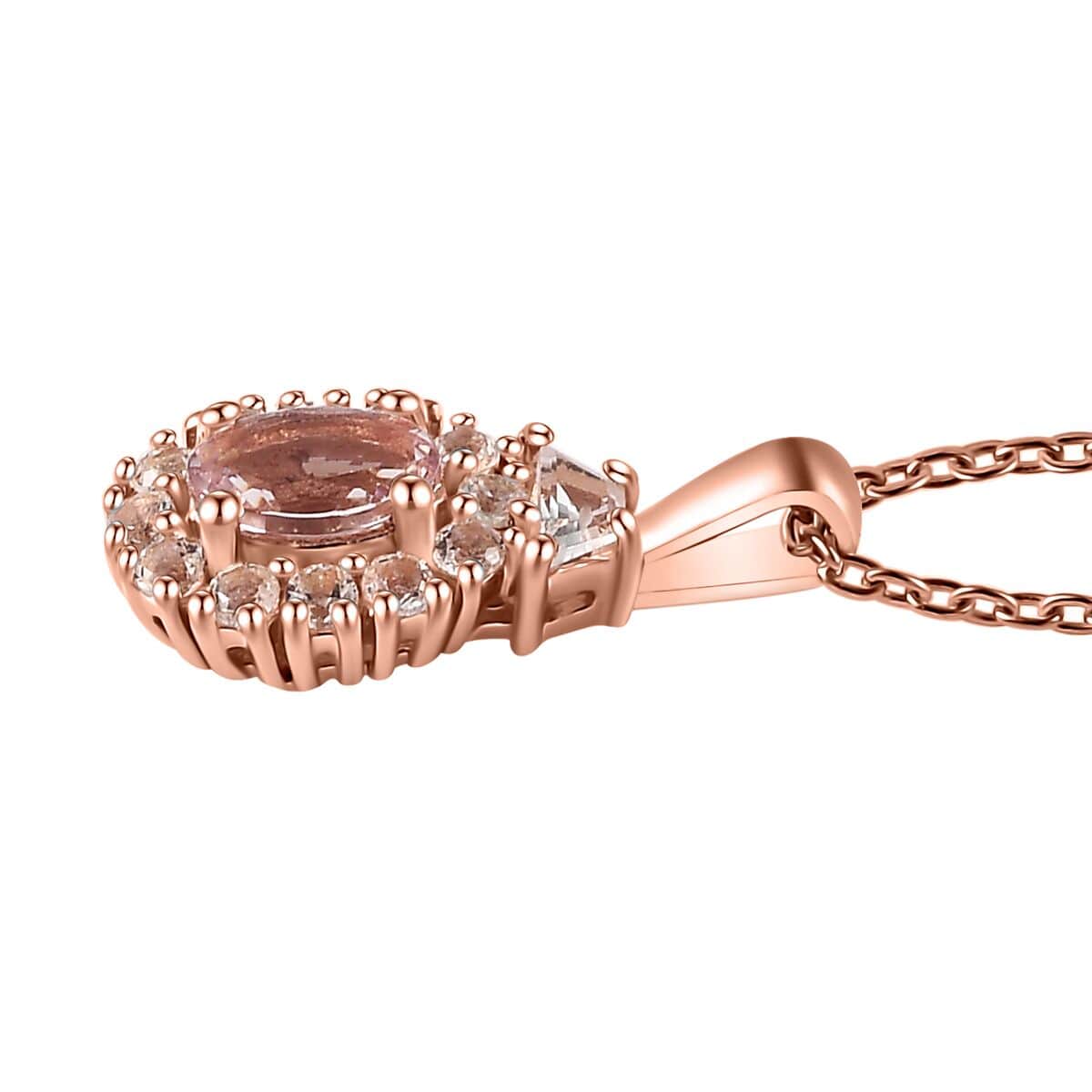 Premium Pink Morganite and White Topaz Halo Pendant Necklace 20 Inches in Vermeil Rose Gold Over Sterling Silver 0.90 ctw image number 3