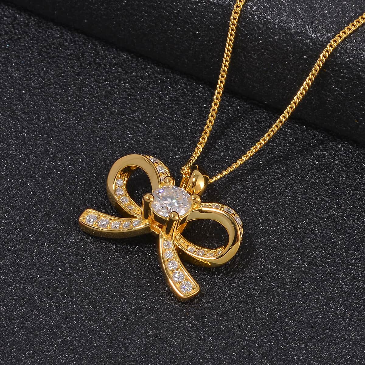 Moissanite Pendant Bow Necklace 18 Inches in Vermeil Yellow Gold Over Sterling Silver 0.70 ctw image number 1