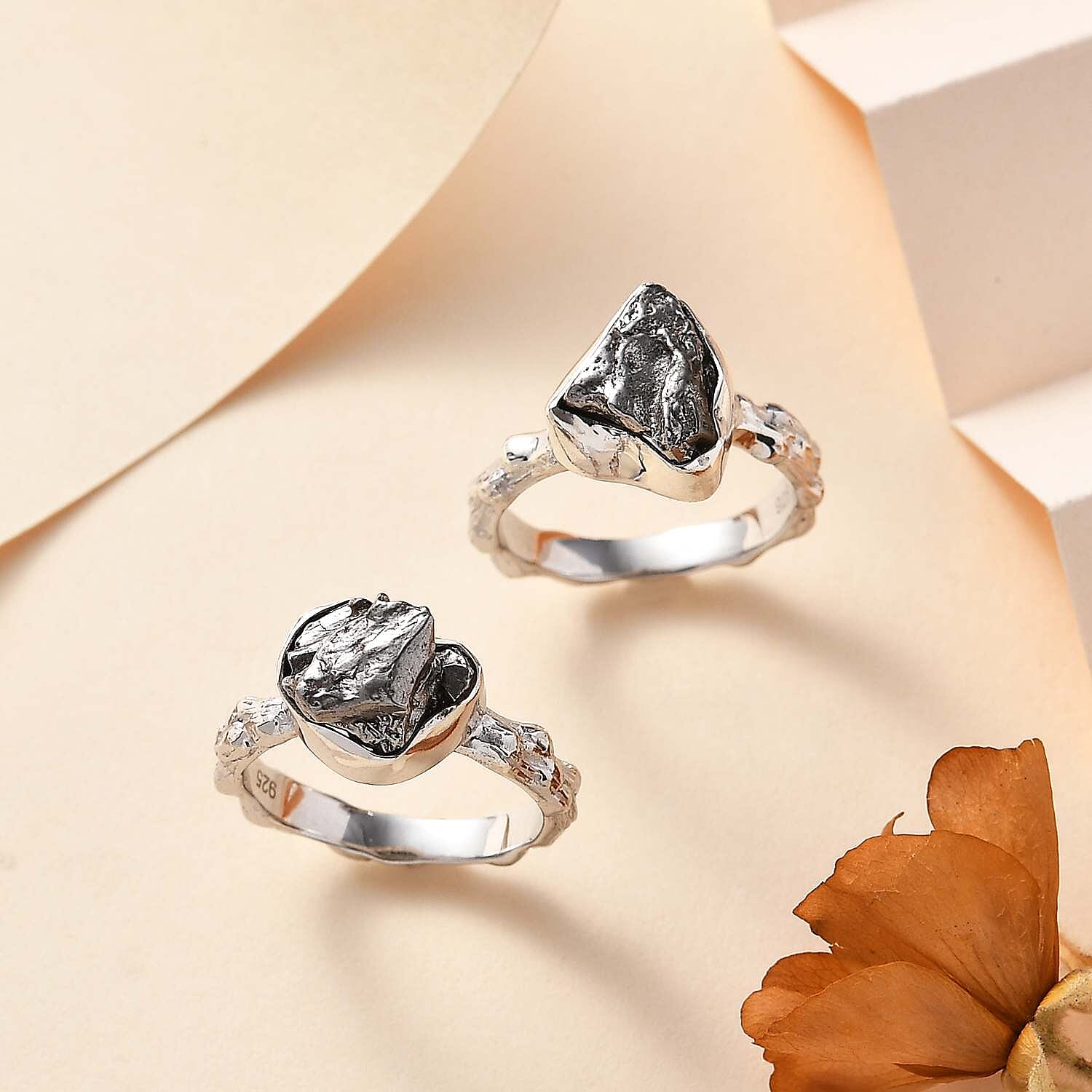 Meteorite 25.00 ctw Set of 2 Ring in Rhodium Over Sterling Silver (Size 11.50)