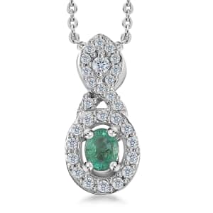AAA Kagem Zambian Emerald and Moissanite Halo Pendant Necklace 20 Inches in Platinum Over Sterling Silver 0.35 ctw