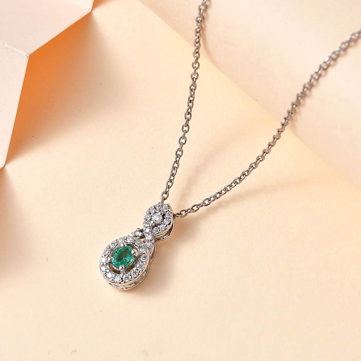 AAA Kagem Zambian Emerald and Moissanite Halo Pendant Necklace 20 Inches in Platinum Over Sterling Silver 0.35 ctw image number 1