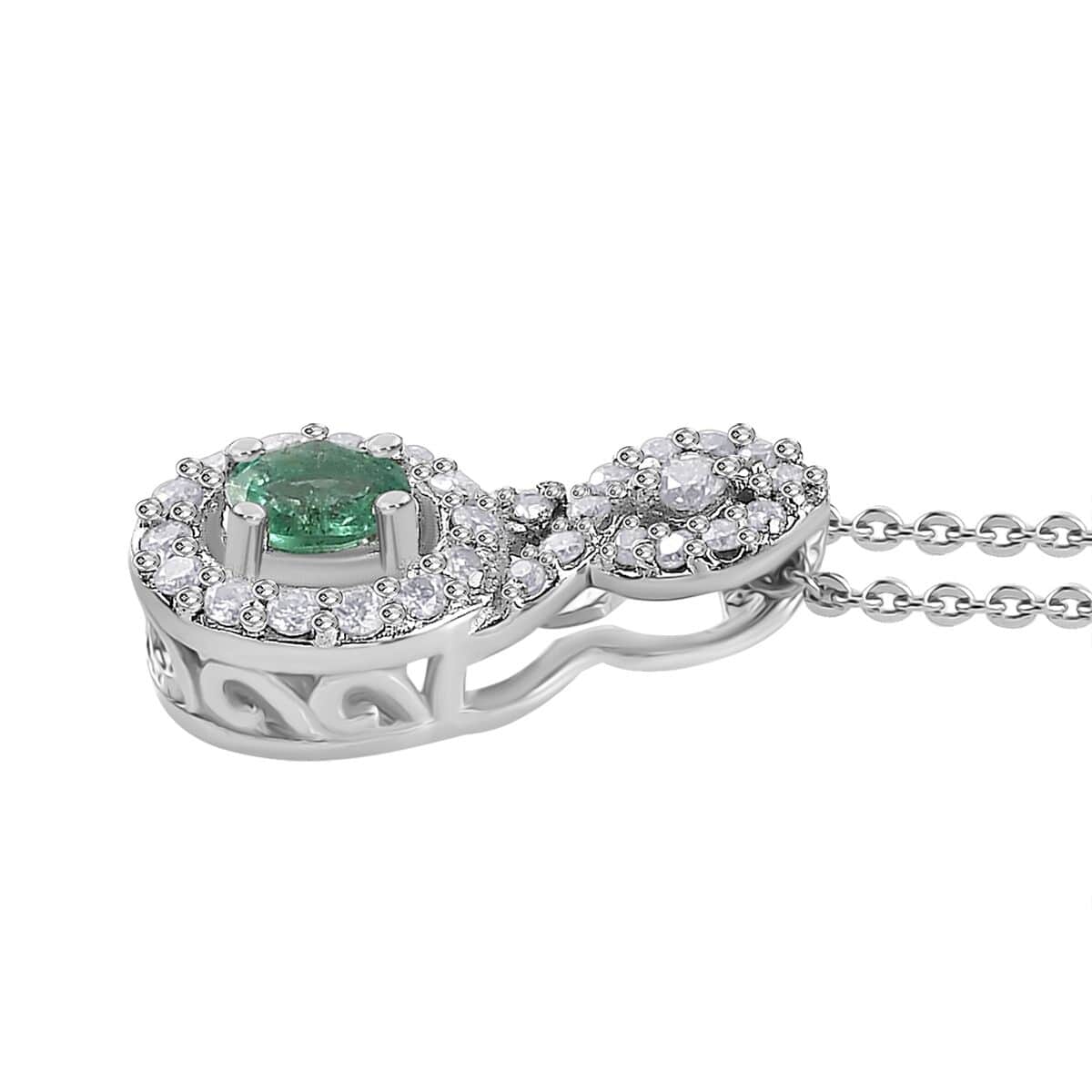 AAA Kagem Zambian Emerald and Moissanite Halo Pendant Necklace 20 Inches in Platinum Over Sterling Silver 0.35 ctw image number 3