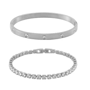 Simulated Diamond Bangle (7.25In) and Tennis Bracelet (7.50In) in Stainless Steel 17.00 ctw