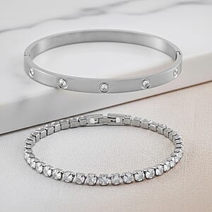 Simulated Diamond Bangle (7.25In) and Tennis Bracelet (7.50In) in Stainless Steel
