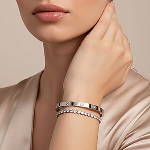 Simulated Diamond Bangle (7.25In) and Tennis Bracelet (7.50In) in Stainless Steel