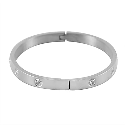 Simulated Diamond Bangle (7.25In) and Tennis Bracelet (7.50In) in Stainless Steel
