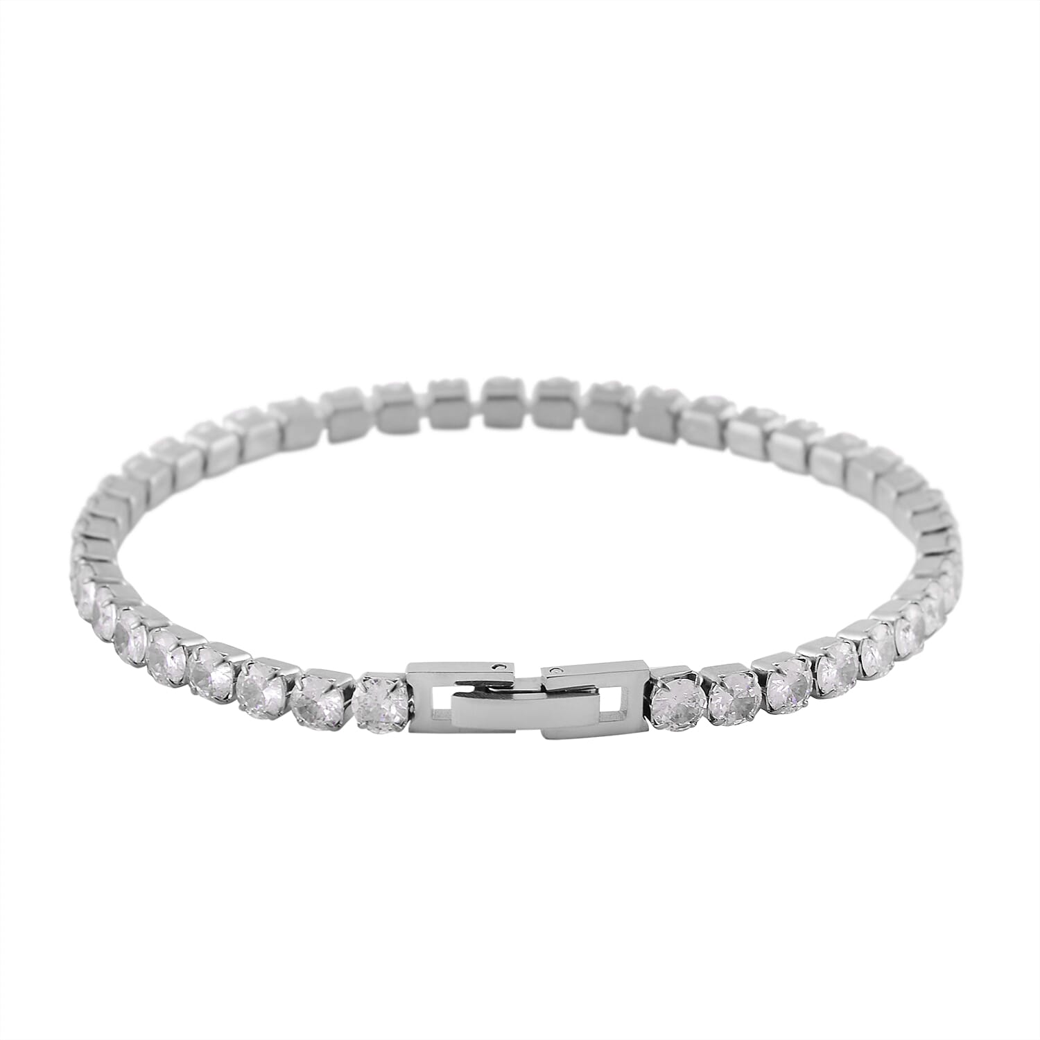Simulated Diamond Bangle (7.25In) and Tennis Bracelet (7.50In) in Stainless Steel