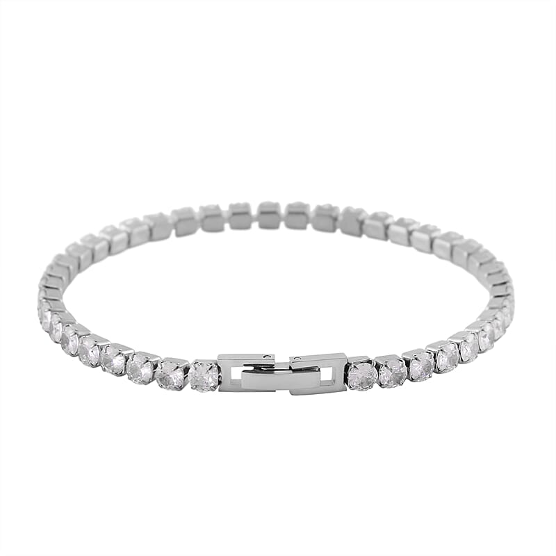 Simulated Diamond Bangle (7.25In) and Tennis Bracelet (7.50In) in Stainless Steel